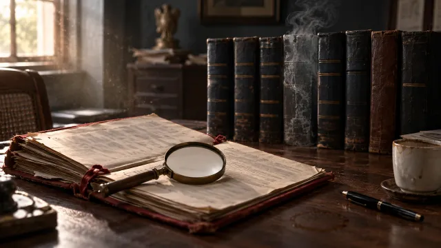 An open red-bound case file under a brass magnifying glass on an old office desk, one law volume on the shelf behind it dissolving into smoke