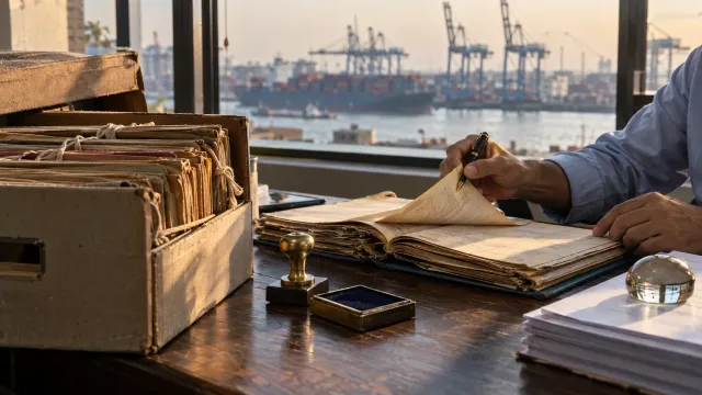 An archive box of old string-tied files on a bank desk, hands turning a ledger page, port cranes and a ship outside