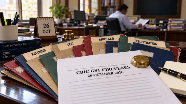 GST files labelled Refunds, ITC, Appeals and Registration under a sheet headed CBIC GST Circulars, 26 October 2026