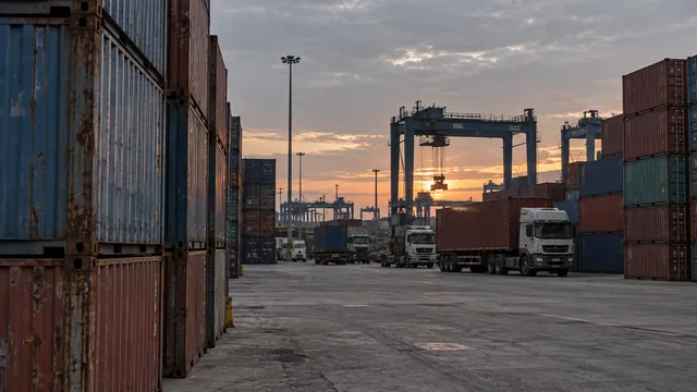 Trucks waiting between stacked containers at dusk, a gantry crane and port cranes silhouetted against the low sun