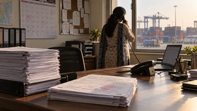 Stamped shipping documents stacked on a desk, dates circled on a wall calendar, a woman on the phone above a container yard