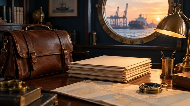 A leather satchel and folders on a wooden desk, a ship at a container port visible through a porthole at sunset