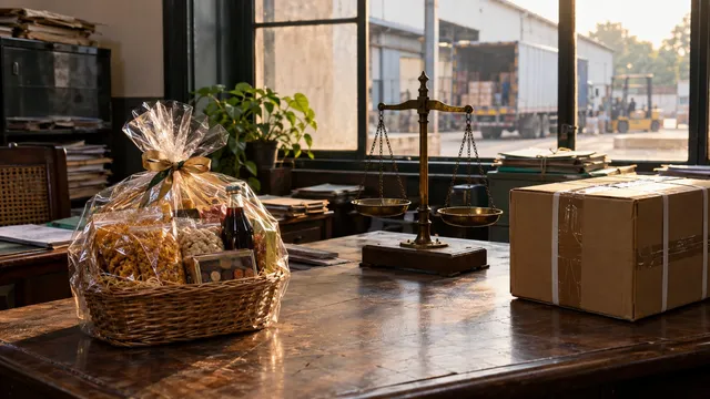 A gift hamper and a strapped carton on an office desk either side of a brass balance scale, a truck loading outside
