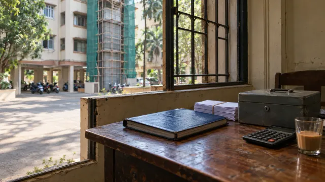 A housing society office table with a receipt book, envelopes and a cash box, a tower's lift shaft in scaffolding outside