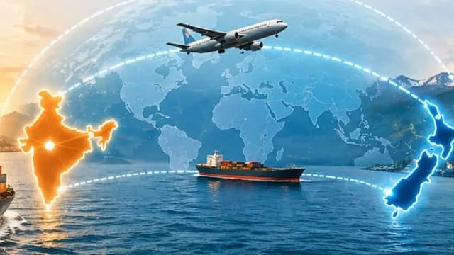 A container vessel and an aircraft between the maps of India and New Zealand