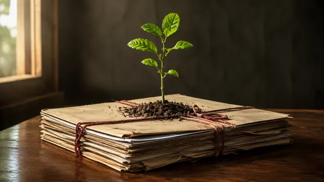 Young sapling growing out of a string-bound tax case file on a wooden desk