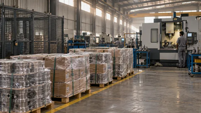 Shrink-wrapped pallets of imported parts behind a yellow floor line, a padlocked bonded cage beside a machining centre