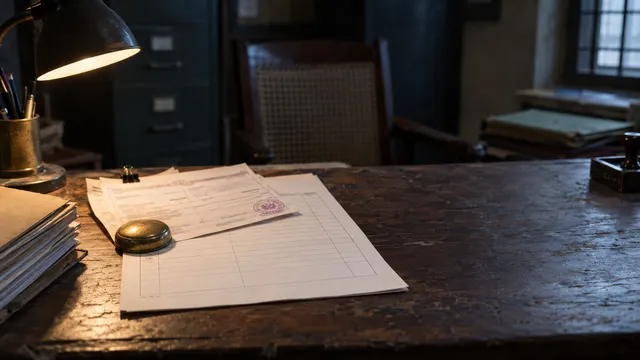 A stamped payment receipt paperclipped to a blank, unsigned order form on an old office desk under a lamp