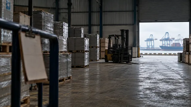 Shrink-wrapped pallets and a parked forklift in a port warehouse, container cranes and a ship through the open shutter