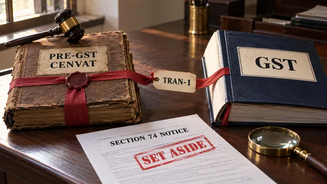 An old sealed ledger labelled PRE-GST CENVAT tied by a TRAN-1 ribbon to a GST ledger, beside a notice stamped SET ASIDE.