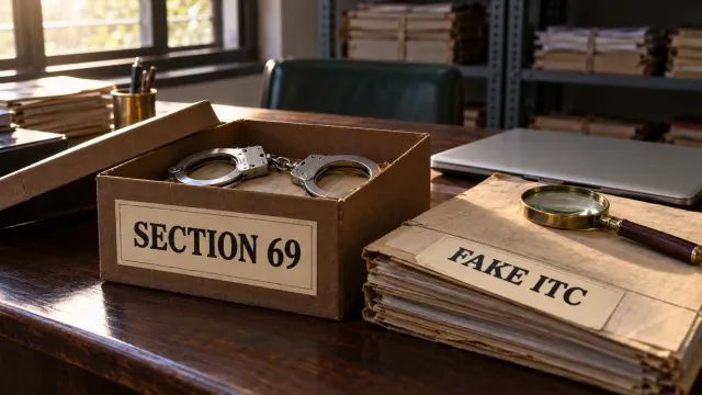 Open handcuffs in an archive box labelled Section 69 beside a Fake ITC case file under a brass magnifying glass
