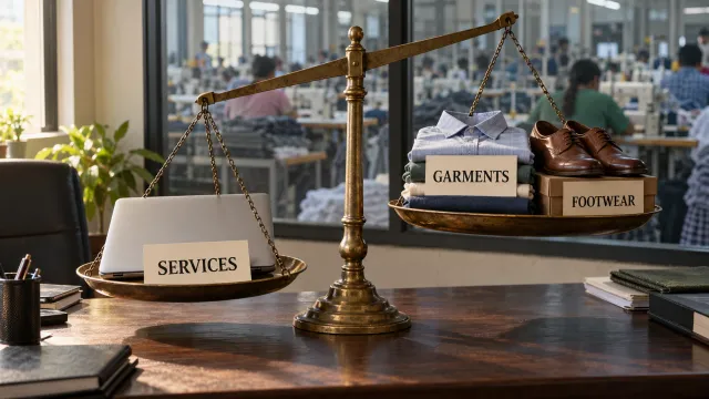 Brass balance scale with a laptop labelled Services outweighing garments and footwear, a garment workshop behind