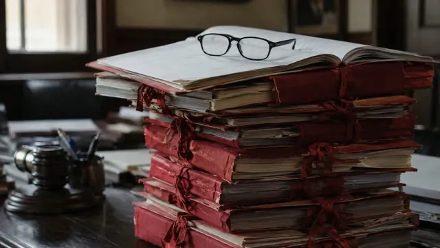 Red-bound legal case files stacked on an advocate's desk in natural light
