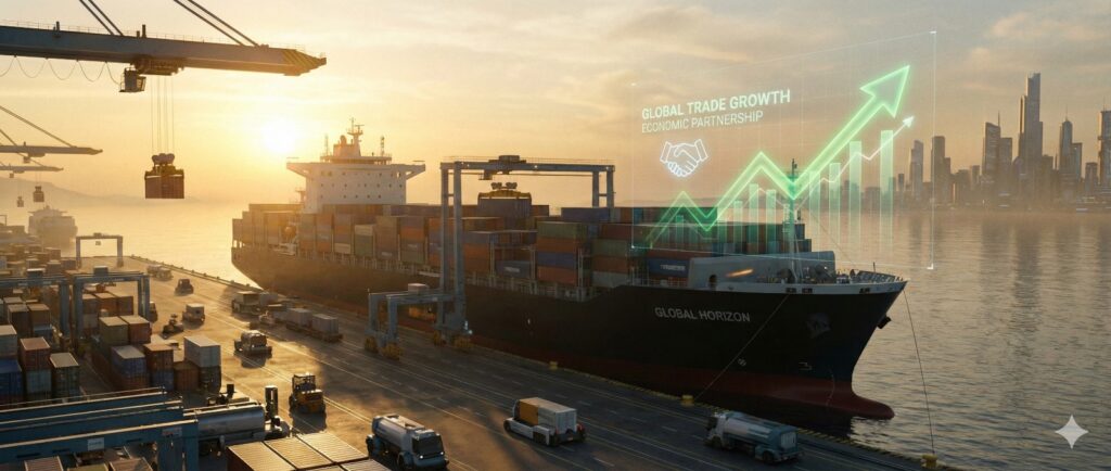 Futuristic shipping port at sunrise with cargo ship and digital growth graph representing global trade