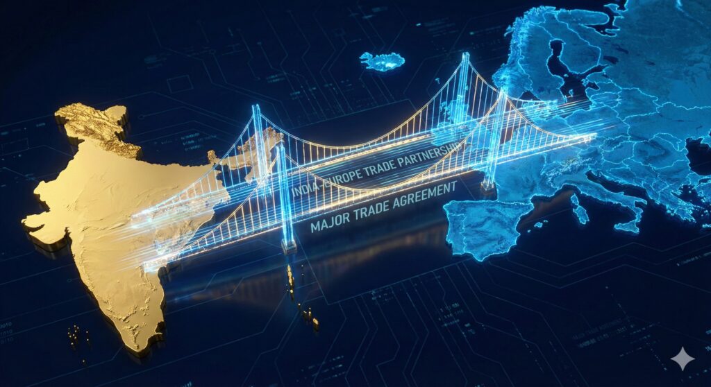 Digital bridge connecting India and Europe maps representing the India-EU FTA deal