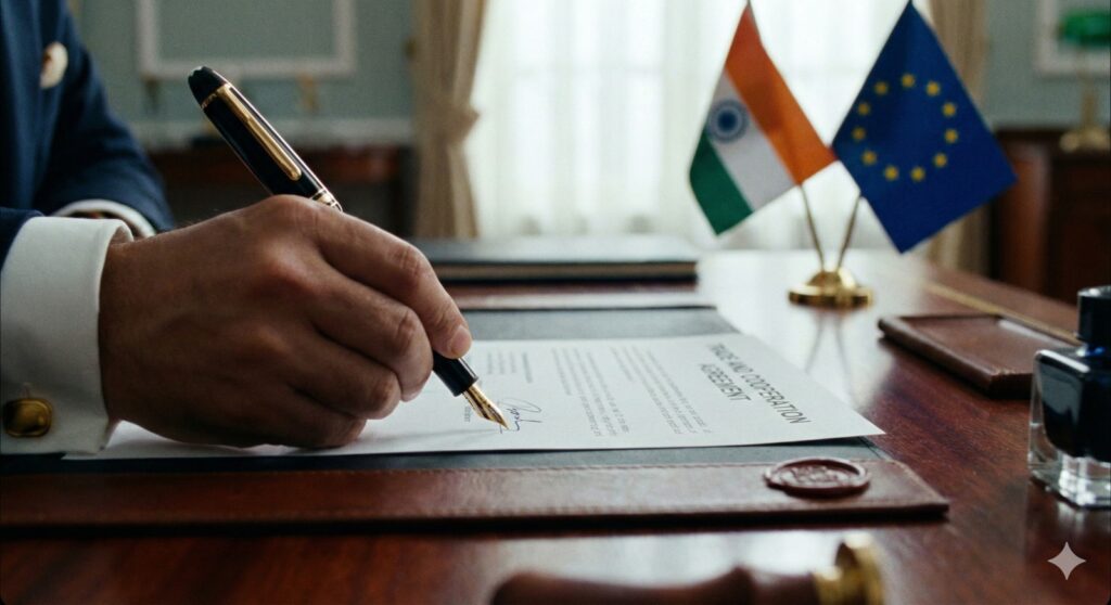 Close-up of signing a formal treaty document with India and EU flags in the background